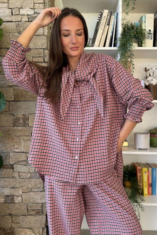 Donald Plaid Brushed Cotton Neckerchief Blouse Pink